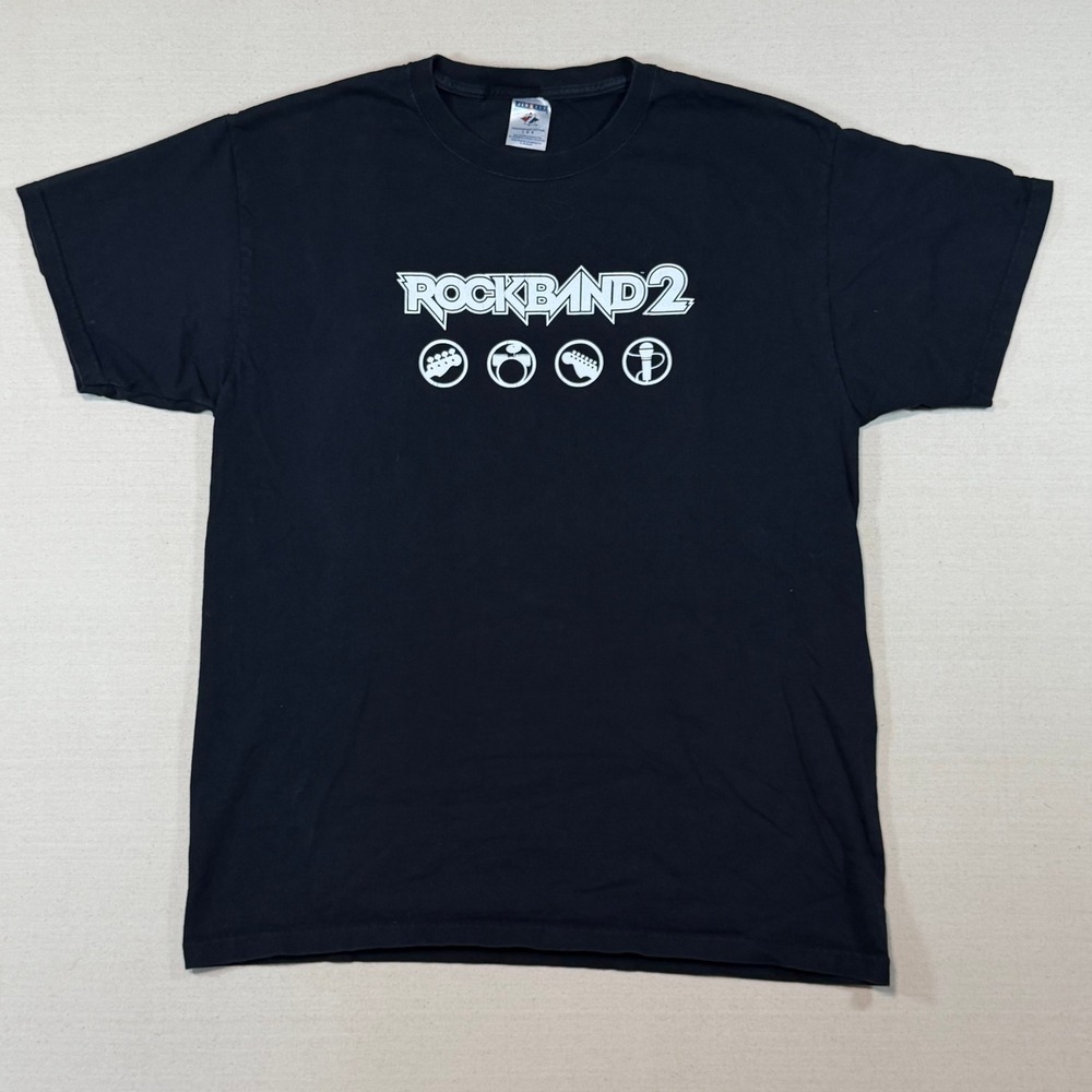 Y2K Rock Band 2 Video Game Promo T-Shirt Jerzees Black Cotton Mens Large